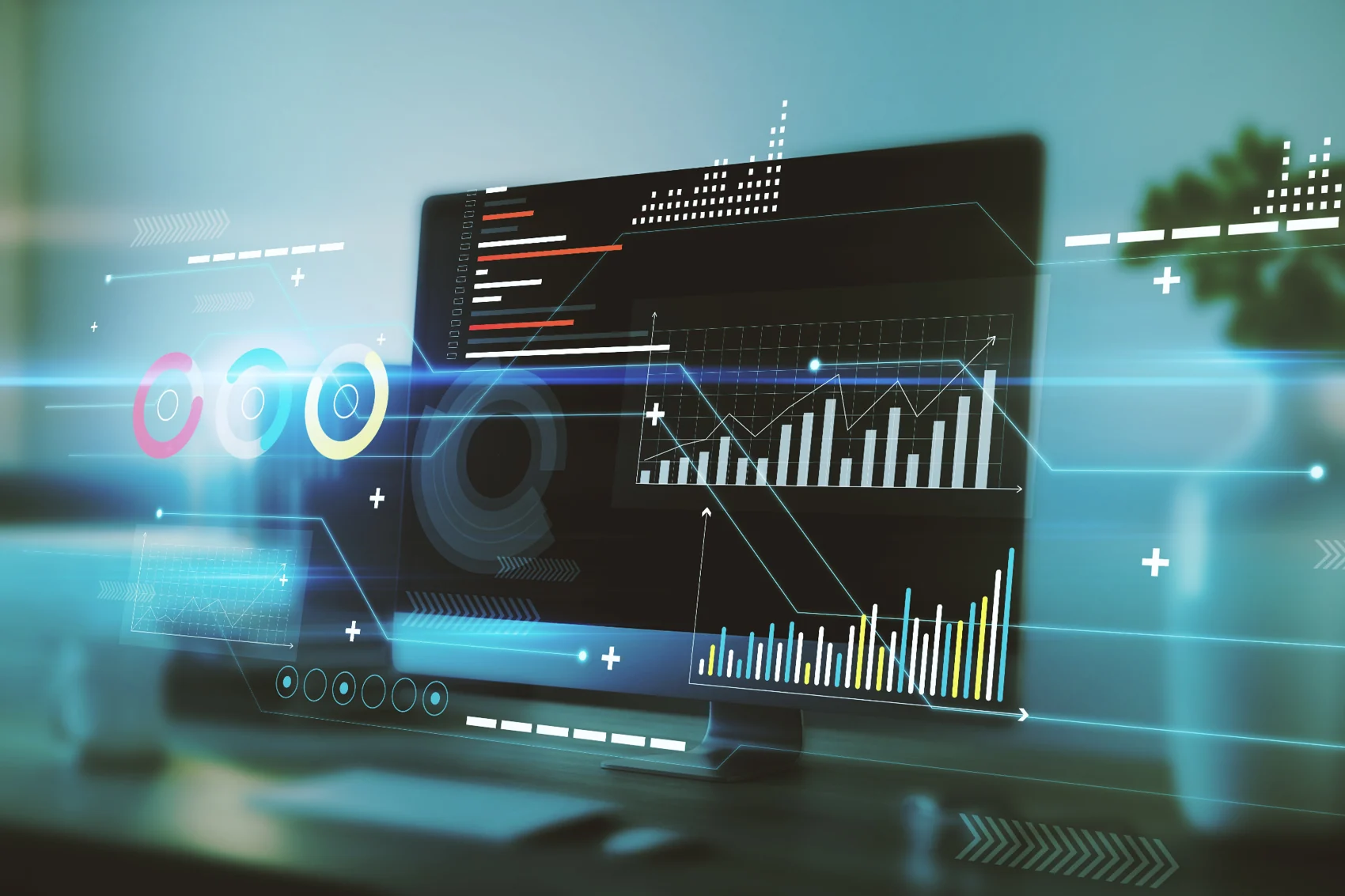 Computer displaying charts and data analytics