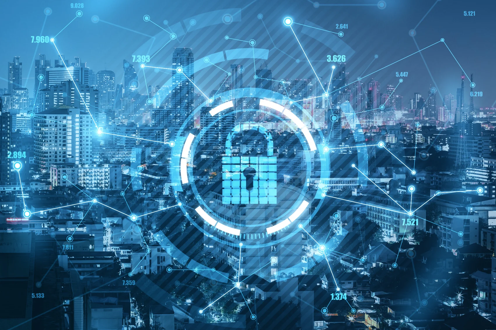 Digital padlock over a city skyline