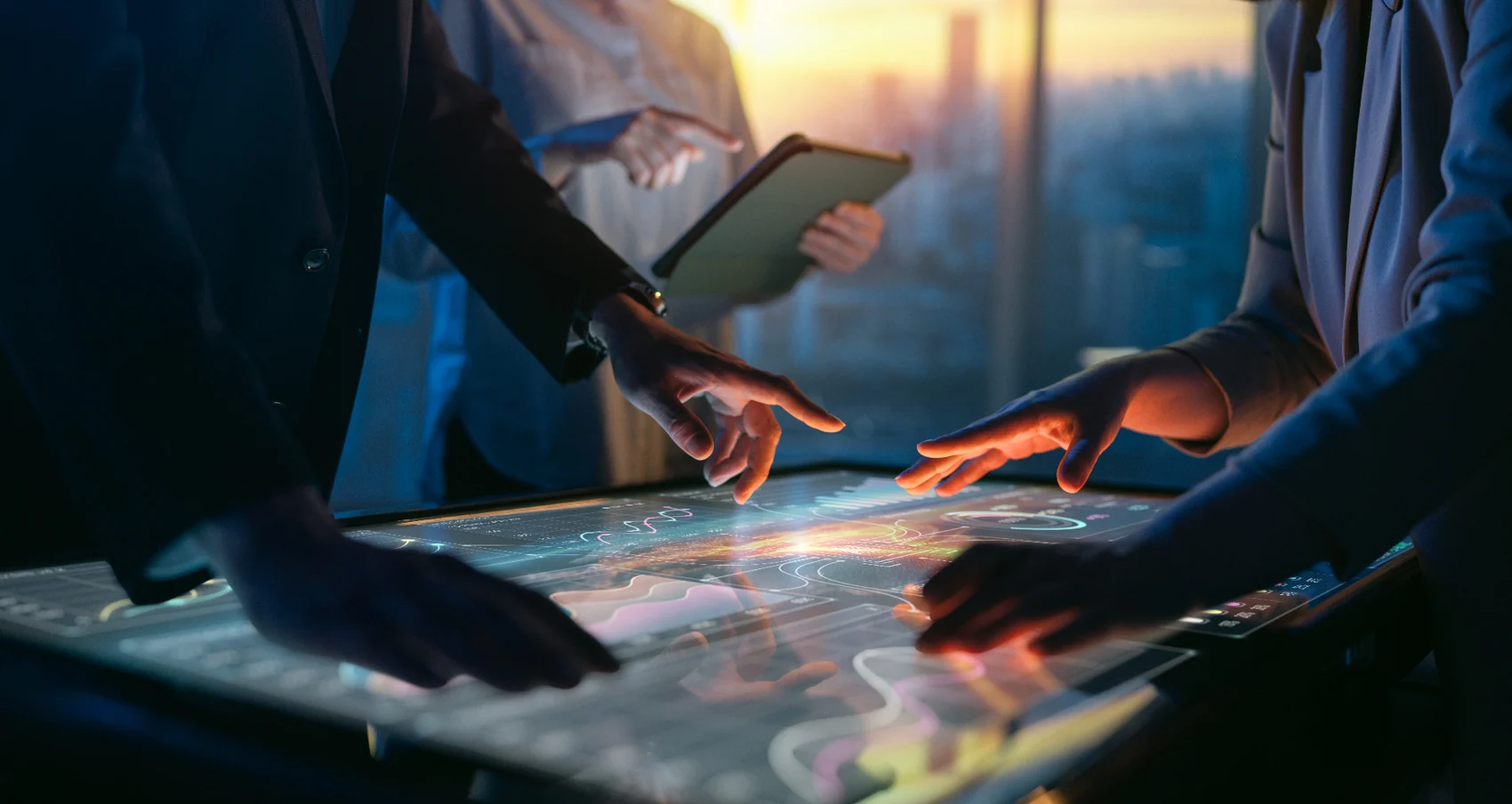 Professionals collaborating around an interactive work table