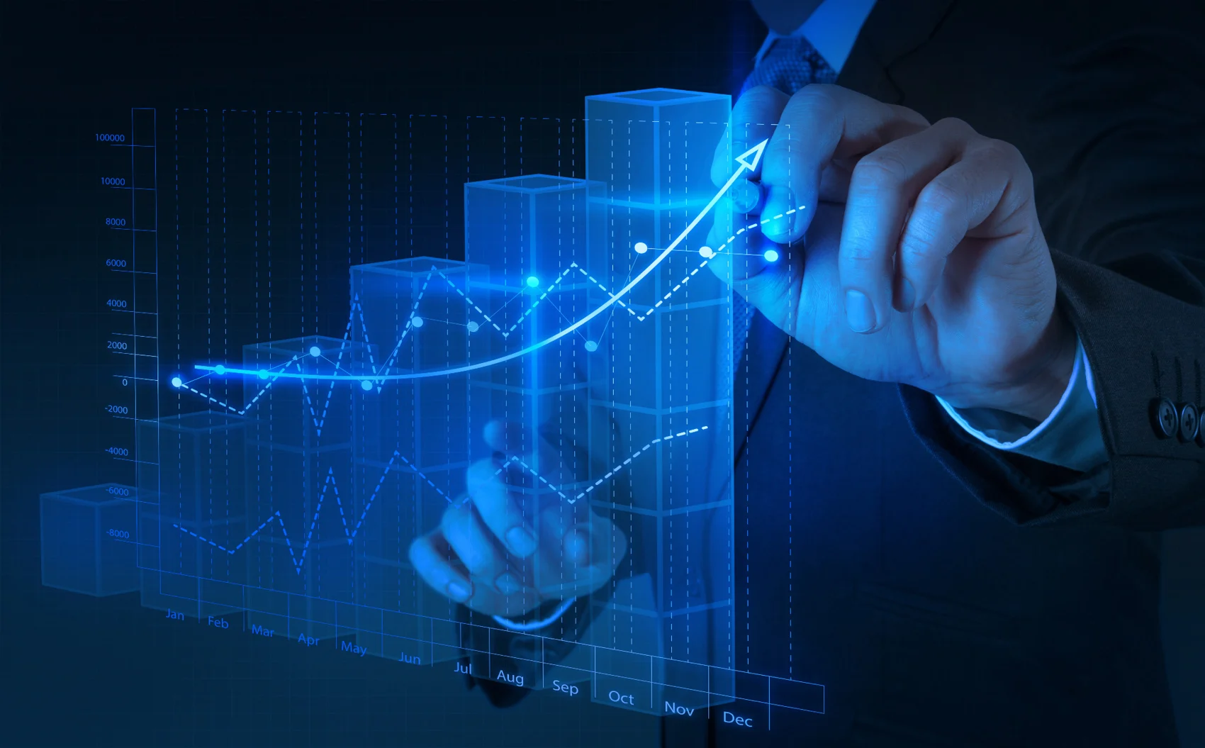 Business growth graph displayed above a tablet