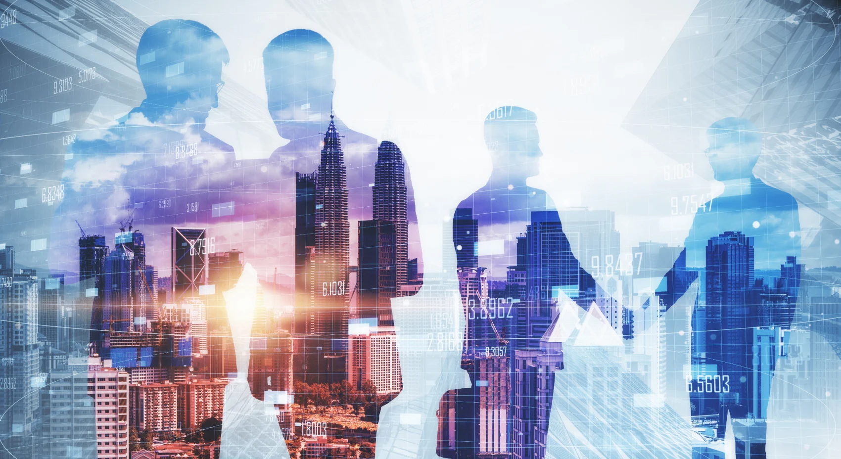 Businesspeople and city skyline illustrating collaboration