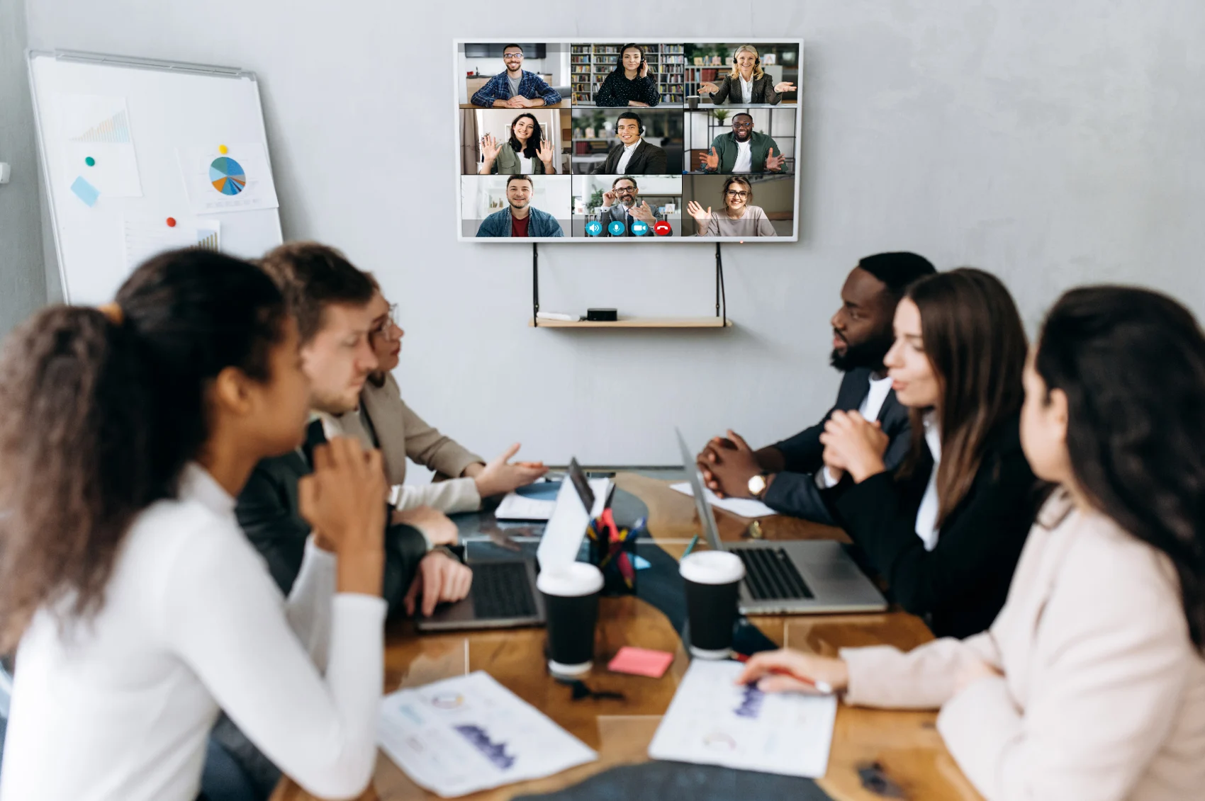 Office team participating in a video meeting
