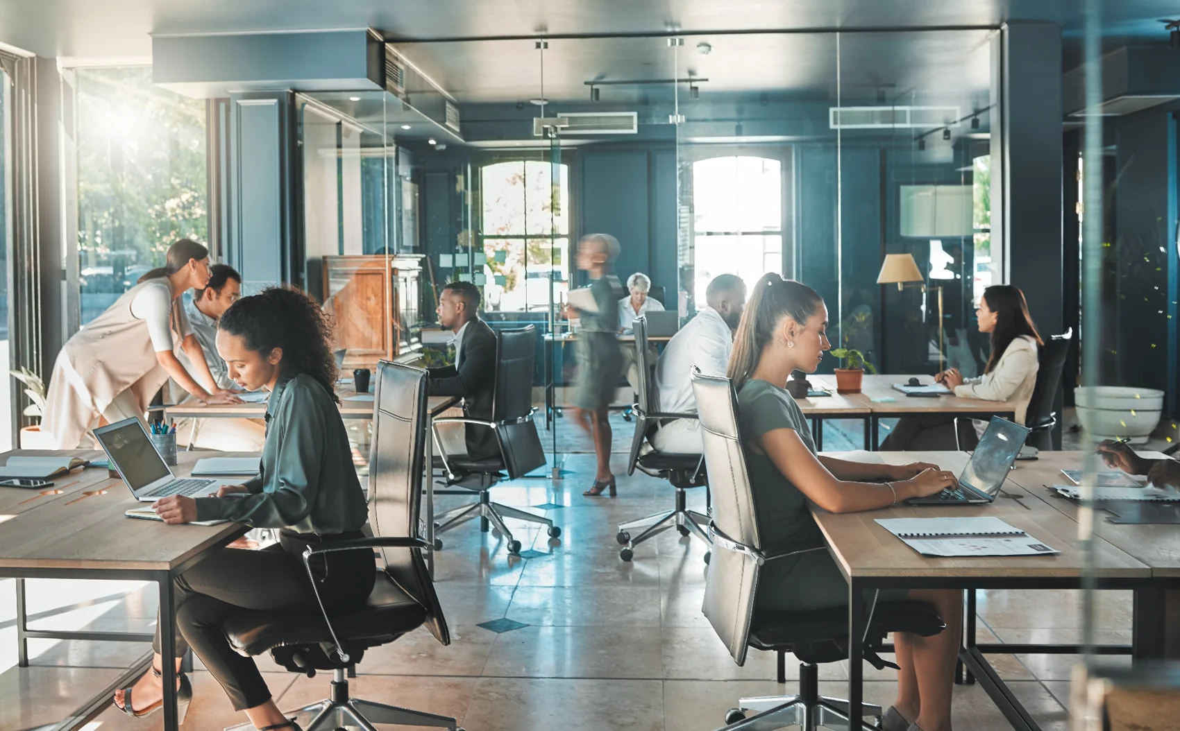 Team working together in a modern open-plan office